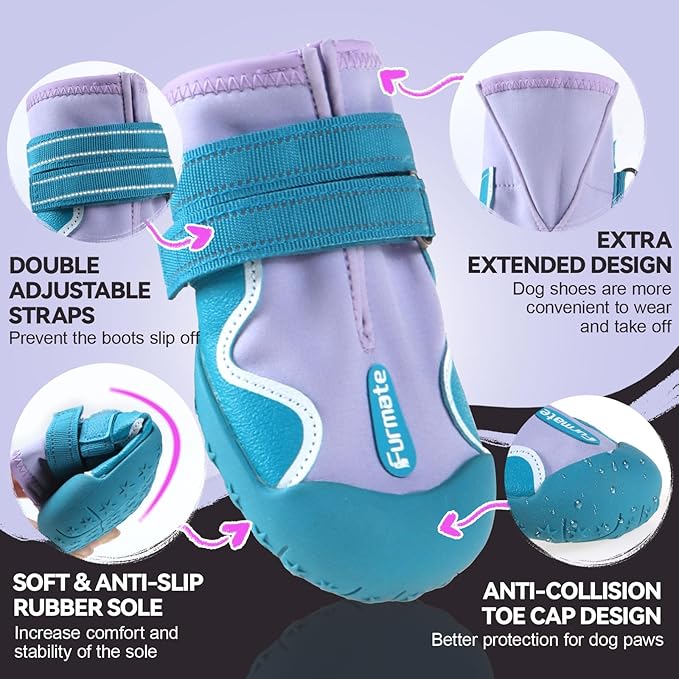 Furmate Dog Shoes for Large Small Medium Dogs,Dog Booties for Indoor Hardfloors Anti-Slip,Reflective Strip Waterproof Dog Boots & Paw Protectors for Outdoor Walking Hot Pavement,Winter Snow (Purple-3)