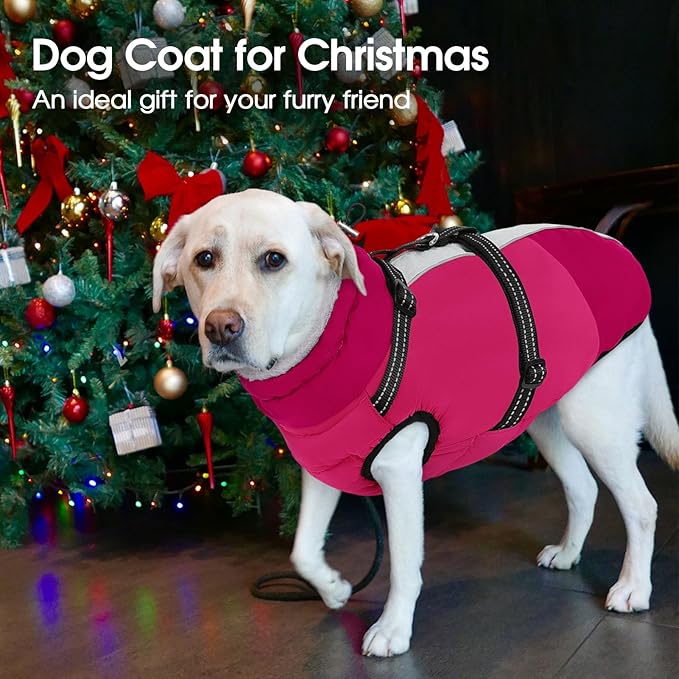 SUNFURA Dog Coat, XXXL Dog Jacket with Harness Built in, Waterproof Pet Winter Coat Snowsuit with Zip, Reflective Fleece Jacket for Extra Large Dogs, Great Dane, Hot Pink 3XL