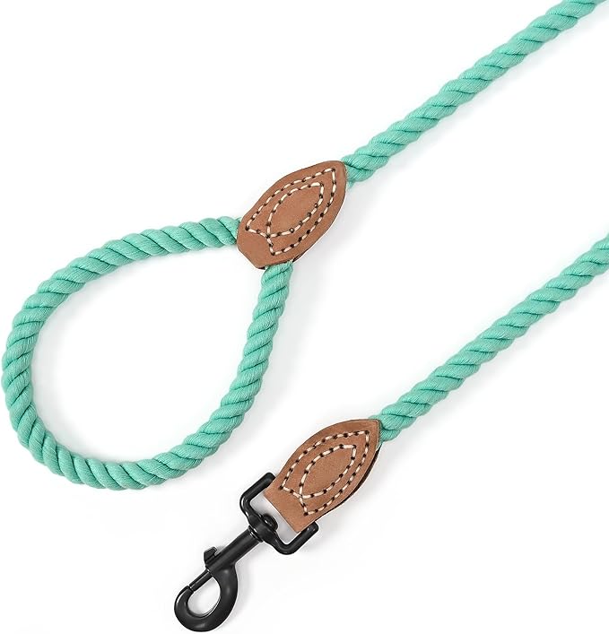 Mile High Life Dog Leash, Braided Cotton Rope Leashes with Leather Tailor Tip with Leather Tip - Heavy Duty Metal Clasp, 6FT, 1/2" Thick - Wedding, Walking Leash for Medium Large Dogs(Green)