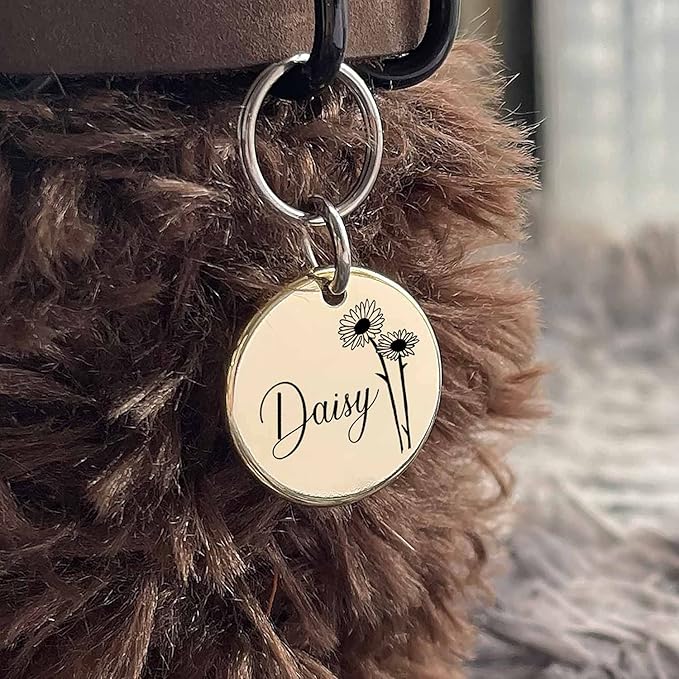 Cats Dogs ID Tags Personalized Engraving Birth Flowers Pattern for Custom Pets Collar Accessories 316L Stainless Steel Medium Round Name Plate