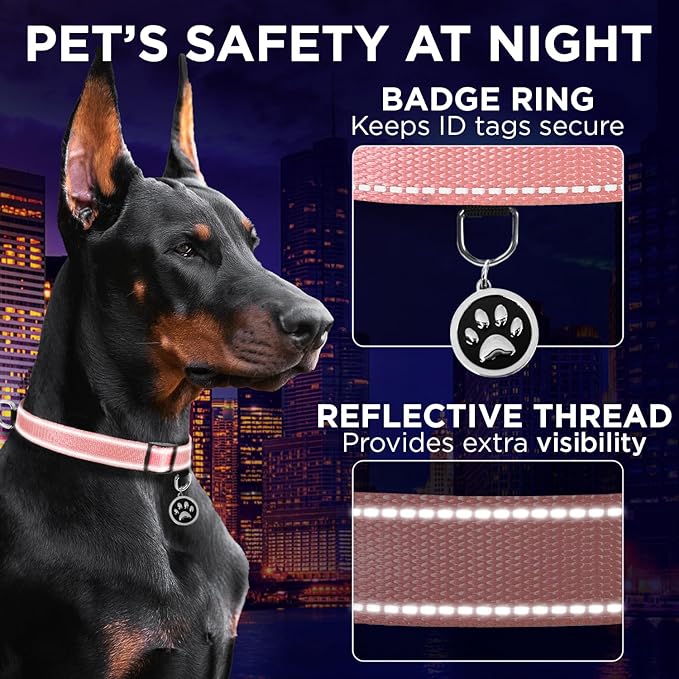 TECEUM Reflective Dog Collar – Pink – XS – Extra Soft Padding – Basic Nylon Pet Collar – Quick Release Buckle – Fits Small, Medium and Large Dogs, Puppies, Cats – ESA & Service Dog Options