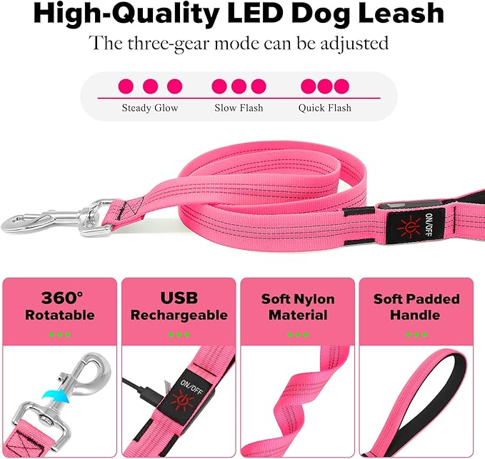 Illumifun LED Dog Leash - USB Rechargeable Light Up Dog Leash Glow in The Dark, Nylon Glowing Dog Lead for Your Dogs Walking (PinkⅡ)