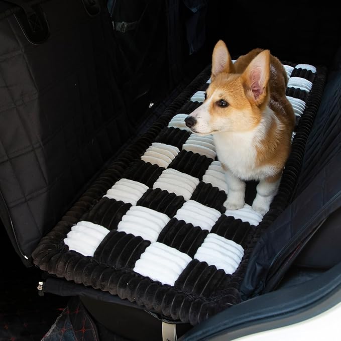 NestlyMoly Dog Bed for Car, Pet Travel Backseat Mat for Vehicle SUV Truck Jeep Automobile, Large Washable Foldable Non-Slip Fuzzy Soft Comfortable Cozy Extender Protector Cover Pad, Black, 24.8x54 in