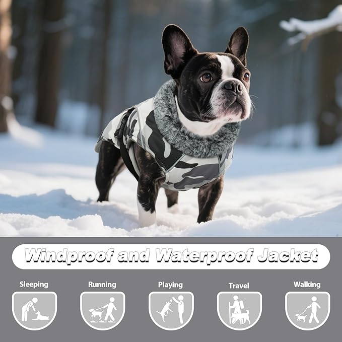 DENTRUN Small Dog Winter Warm Coat - Windproof Cozy Jacket, Thick Fleece Vest with Adjustable Belt, Water Repellent, Reflective Dog Sweater for Yorkie Dachshund Wear, White Camo, S
