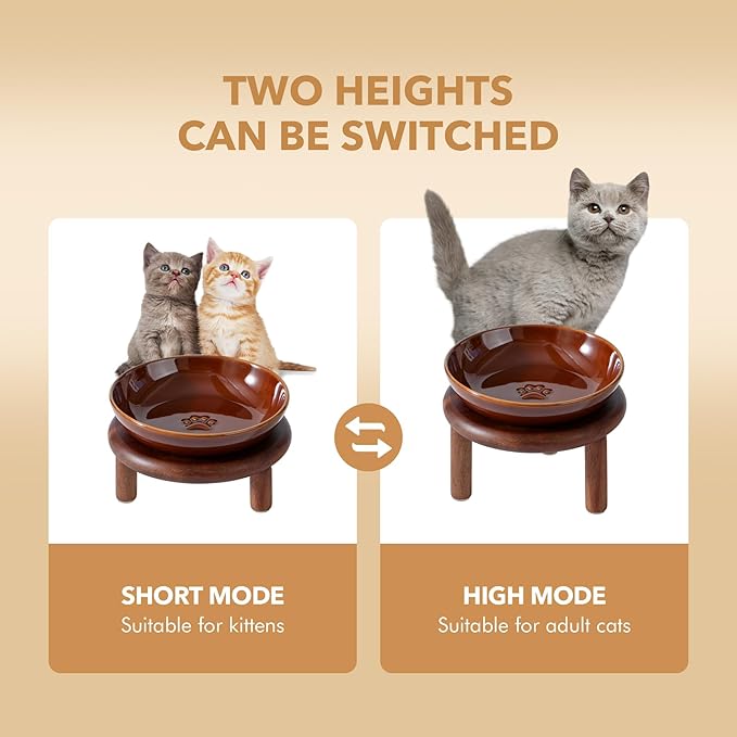 2 Sets of Elevated Ceramic Paw Print Cat Dish, Wide Whisker Friendly Anti-Slip Food & Water Bowl with 2 Heights Adjustable Acacia Wooden Stands(2 Dishes +2 Stands, White)