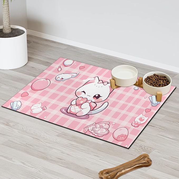 Pink Kitten Dog Food Mat,12"x20" Inches Rapid Absorbent Pet Feeding Mat,Pets Placemat Water Bowl Mats with Rubber Backing,No Stains Dog Cat Feeding Mats Indoor,Pet Accessories Supplies