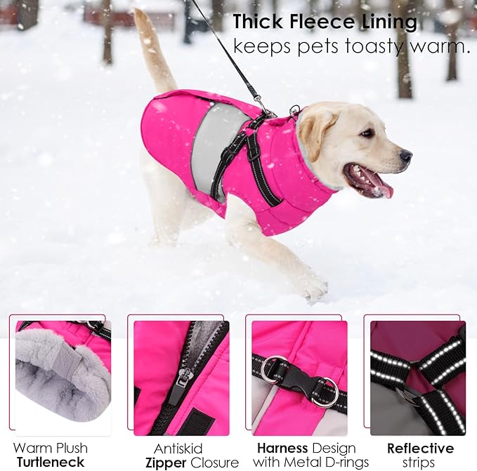 AOFITEE Dog Winter Coat, Dog Coat with Harness Built in, Dogs Jacket for Large Dogs, Reflective Waterproof Pet Puffer Jacket Snowsuit, Warm Fleece Windproof Pet Sweater for Cold Weather, XL