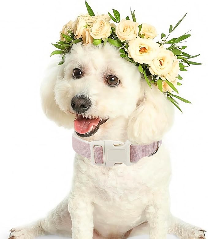 Cotton Hemp Dog Collar Adjustable, Pink Dog Collar Soft Natural Fabric with Quick Release, Cute Wedding Puppy Necklace for Small Medium Large Dog, Pink-M