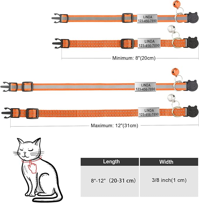 Cat Collar Personalized - Breakaway Reflective Cat Collar with Bell-Custom Cat Collars Engraved with Name and Phone, Adjustable for Cats and Kitten
