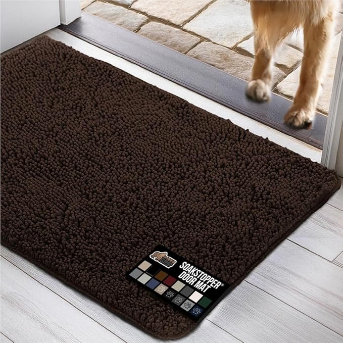 GORILLA GRIP SOAKSTOPPER Dog Door Mat, 70x24 Machine Washable Rug Absorbent Doormat Captures Moisture Mud Dirt, Quick Dry Soft Chenille Entryway Rugs Indoor Entrance Mats for Dog Paws, Brown