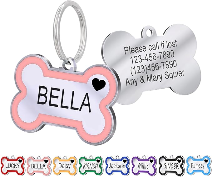 Personalized Deep Engraving Pet ID Tags Engraved Both Sides Bone Shape Custom Dog Tag Stainless Pet ID Tag Engraved Heart Dog Tags for Large Small Dogs Cats (Pink, Large)