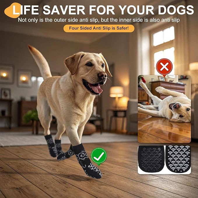Anti Slip Dog Socks with Four Sides Grips for Hardwood Floors, Extra Traction Control No Twist - Dog Shoes Paw Protector for Hot Pavement to Prevent Licking Paws for Small Medium Large Dogs, S