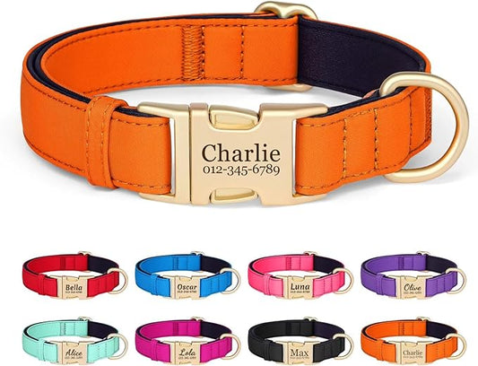 PET ARTIST Colorful Personalized Dog Collars, Custom Dog Collar with Silent Engraved ID Tag, Lightweight Breathable Nylon & Soft Padded, Matching Leash & Poop Bag for Small Dogs,Orange,Fit 10-15"