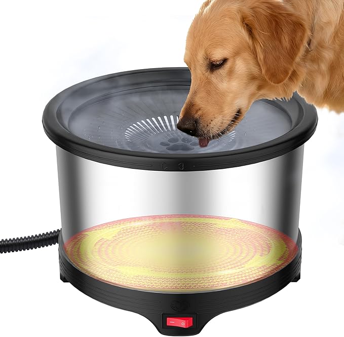 Twinsing 6.5L Heated Water Bowl, Stainless Steel Outdoor Heated Dog Bowl with Anti-Chew Cord, Large Capacity Heated Pet Slow Drinking Dish Provide Warm Water in Winter for Dogs