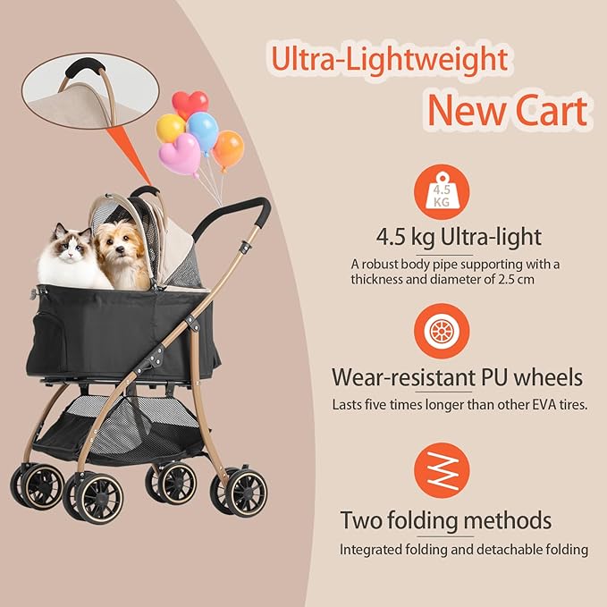 MILA&LOUIS Pet Stroller with 4 Pu Wheels, 4.5kg Ultra-Light Dog&Cat Stroller for Multiple Small Pets & Medium, Max 44Lbs Capacity Detachable & Foldable Design with Cup Holder Ideal for Walks and Trips