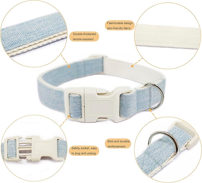 Cotton Hemp Dog Collar Adjustable, Light Blue Dog Collar Soft Natural Fabric with Quick Release, Cute Wedding Puppy Necklace for Small Medium Large Dog, Light Blue-L