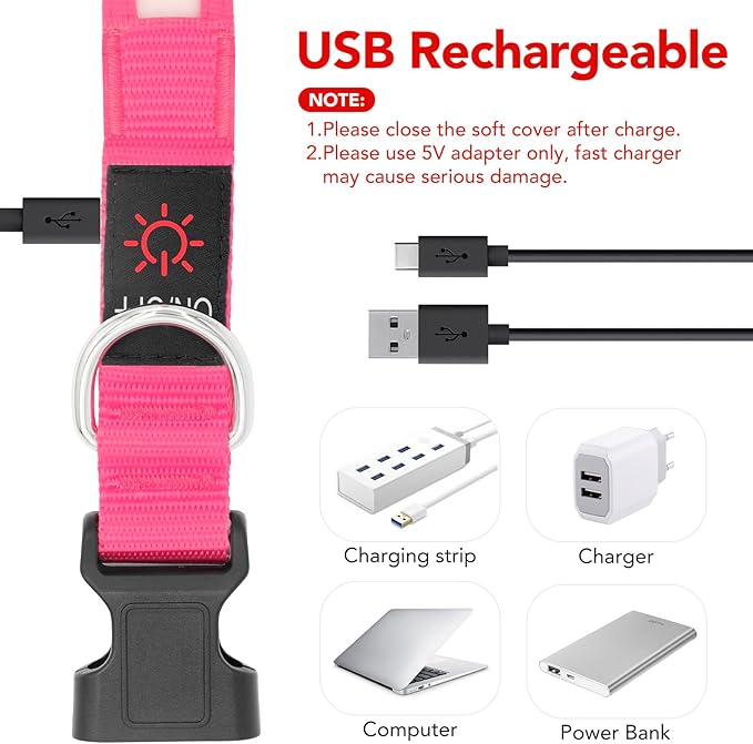 Vizpet LED Dog Collar, Light Up Dog Collar Adjustable USB Rechargeable Super Bright Safety Light Glowing Collars for Dogs (Large, Pink)