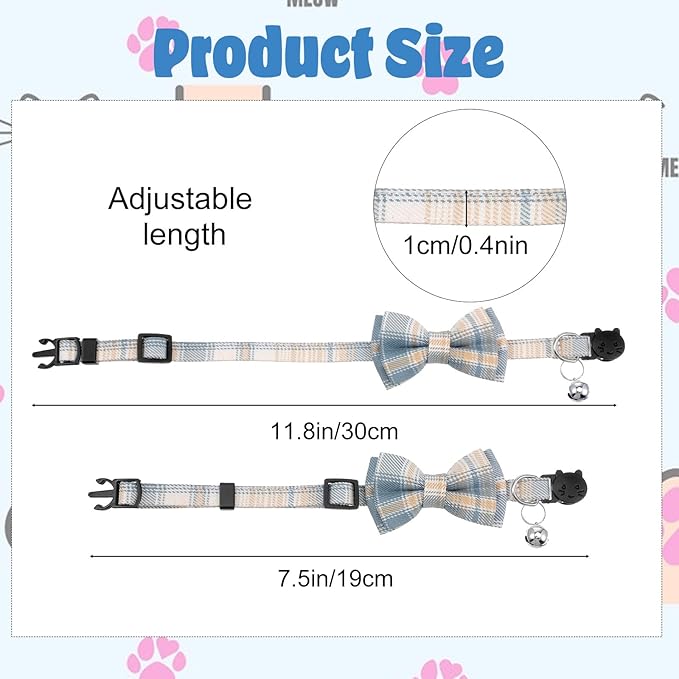 2 Pcs Cat Collar with Bells, Adjustable Breakaway Bow Tie for Shorthair Cat, Chihuahua Ect., Cute Pet Collar for Kitten, Puppy & Small Pets (Blue & White Plaid)