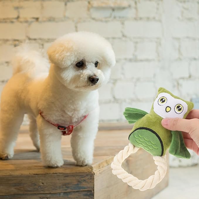 SEWACC Interactive Cotton Rope Owl Dog for Chewing and Playing, Plush Stuffed Pet for Dental Health, Sturdy Green Plush Suitable for Puppies and Dogs