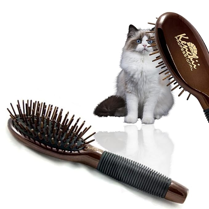 Kenchii Pet Grooming Wooden Pin Brush for Dogs And Cats - Solid Wood, Non Slip Grip Detangling and Shedding Brush for Long or Short Haired Pets