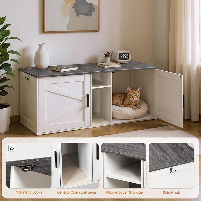 HOOBRO Double Litter Box Enclosure, Modern Cat Litter Box Furniture with Storage and Mat Design, Farmhouse Hidden Litter Box Enclosure with 2 Hooks, White and Charcoal Gray BW23MW01