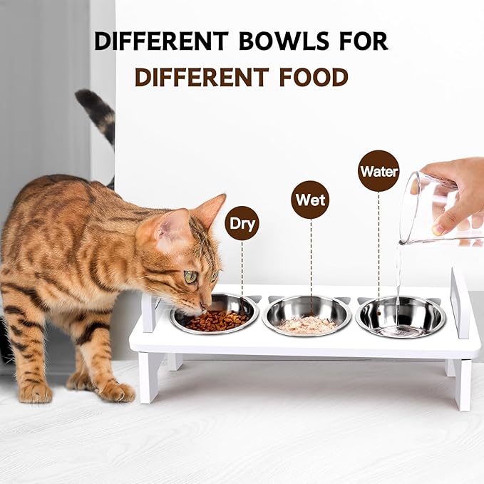 Elevated Cat Food Bowl, 3 Stainless Steel Raised Cat Bowls with Stand, 15°Tilted Cats Bowl for Small Dog, Cats Food and Water Bowl Set, Anti Vomitting, Whisker Fatigue and Dishwasher Safe (White)