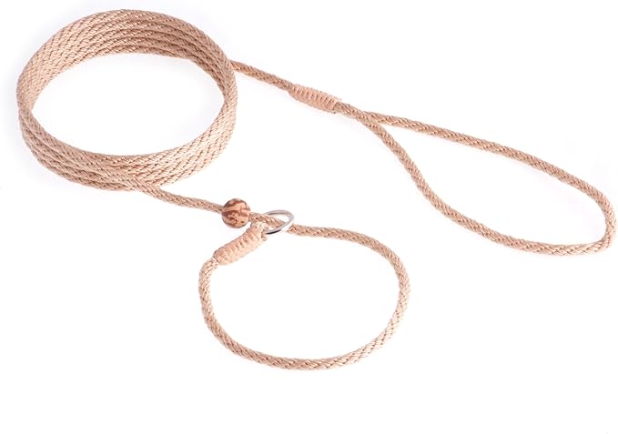 Alvalley Nylon Dog Training Leash with Stopper - Adjustable Nylon Rope Comes with Braided Leather at Ends - Tagua Bead Stopper Slip Lead - Suitable for Walking, and Training