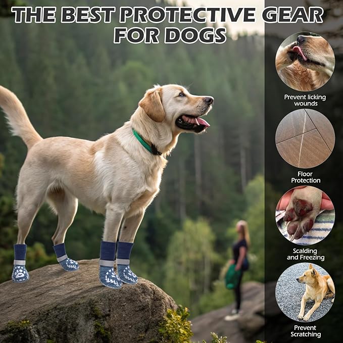 EXPAWLORER Dog Socks to Prevent Licking and Slipping, Winter Dog Shoes for Cold Weather Snow, Paw Protectors for Hardwood Floors Anti-Slip, Dog Booties for Small Medium Large Senior Dogs, Navy Blue M
