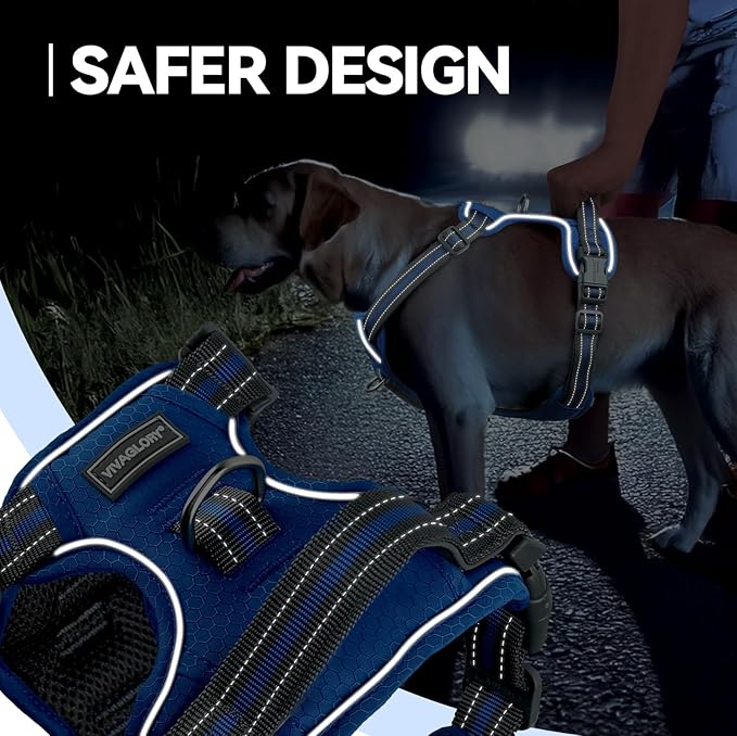 VIVAGLORY Dog Harness Easewalk No Pull Dog Harness with Handle & Front Back Clip for Training Lifting, Easy On Adjustable Padded No Pull for Pet & Puppy, M, Royal Blue