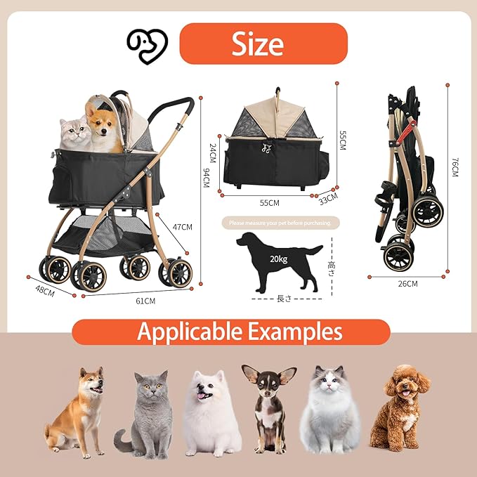 MILA&LOUIS Pet Stroller with 4 Pu Wheels, 4.5kg Ultra-Light Dog&Cat Stroller for Multiple Small Pets & Medium, Max 44Lbs Capacity Detachable & Foldable Design with Cup Holder Ideal for Walks and Trips