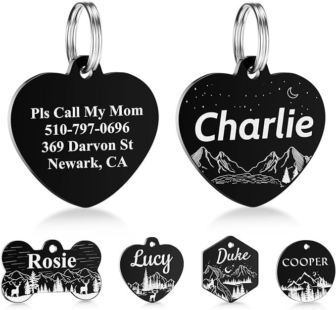 Dog Tags Engraved for Pets Personalized Dog Tags and Tags with 5 Lines Name & Text Various Design Custom Dog Name Tag Heart Dog ID Tags for Puppy Cats Furry Friend