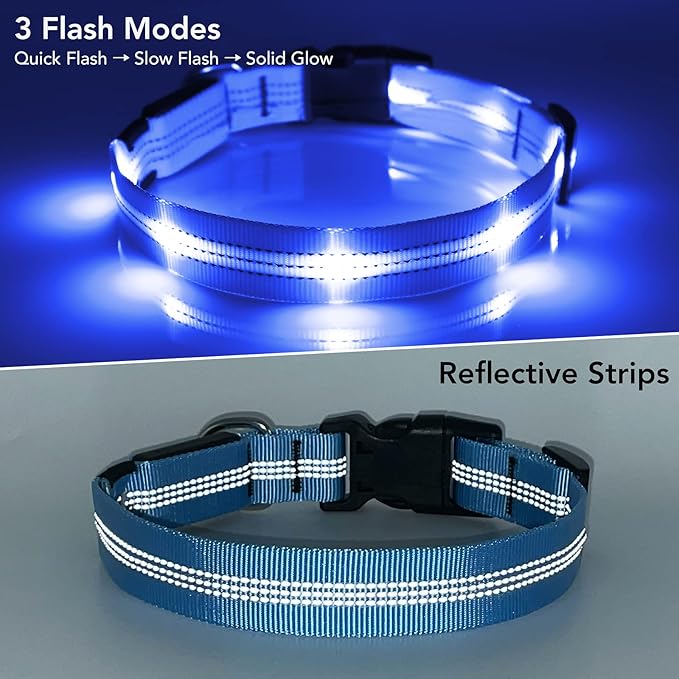 Weesiber Light Up Dog Collars - Rechargeable LED Collar - Reflective Adjustable Dog Lights for Night Walking (Blue, Large)
