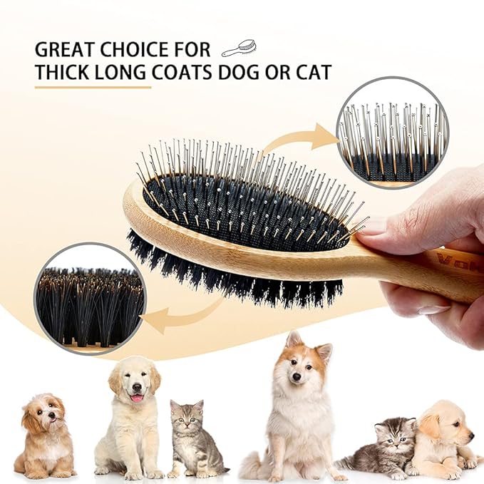 Double-Sided Pet Grooming Brush - Boar Bristle and Pin Brush for Long/Short Hair Dogs and Cats, Bamboo Handle, 1 Pack