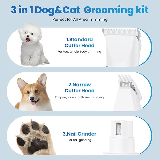 3-in-1 Dog & Cat Grooming Kit - Rechargeable Cordless Pet Hair Clippers with Nail Grinder & Paw Trimmer & 5 Guide Combs, Low Noise Dog Clippers for Grooming Small Medium Pets