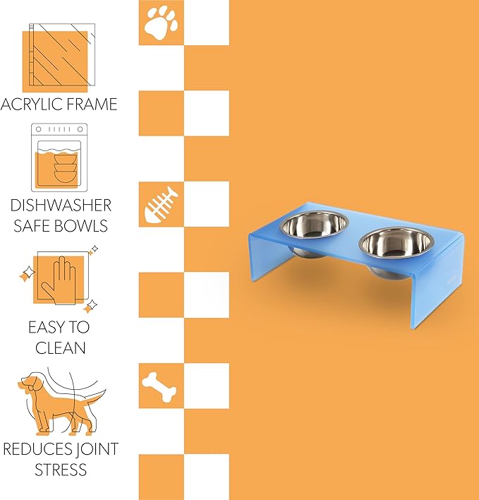 The LICKER Store DBL2001C Keaton 7.5" Medium/Large Modern Acrylic Rectangular Elevated Pet Feeder with 54oz 2-Stainless Steel Bowls, Blue/Chrome
