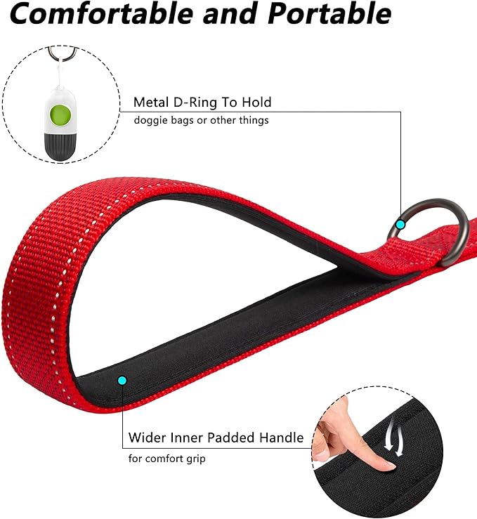 PetiFine 6FT Heavy Duty Dog Leash with Soft Padded Double Handle, Durable Strong Clasp Dog Leashes, Reflective Nylon Walking Lead for Large,Medium,Small Breed Dogs, Red