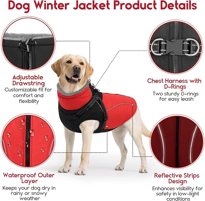 ASENKU Reflective Dog Coat with Built-in Harness, Windproof Fleece-Lined Dog Jacket for Small, Medium, Large Dogs, Warm Winter Vest with Turtleneck & Zipper (Red L)