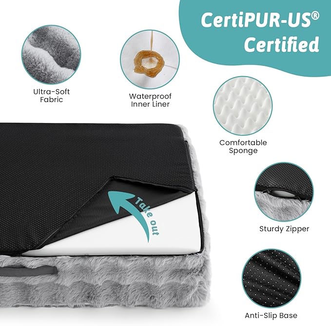 Faux Rabbit Fur Orthopedic Dog Bed, Dog Bed for Large Size, Supportive Foam Pet Sofa with Waterproof Lining Cover, Washable U-Shaped Pet Couch with Anti-Slip Bottom, Grey L 36x27x6.5 inch