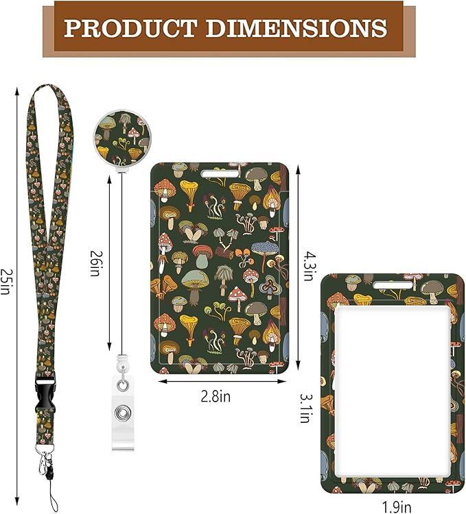BLOCIT ID Badge Holder with Lanyard - Fashionable ID Card Holders with Retractable Lanyards - Soft Fiber Metal Clip Sturdy Buckle for Key Wallet - Work Nurse Teacher (Different Mushroom)
