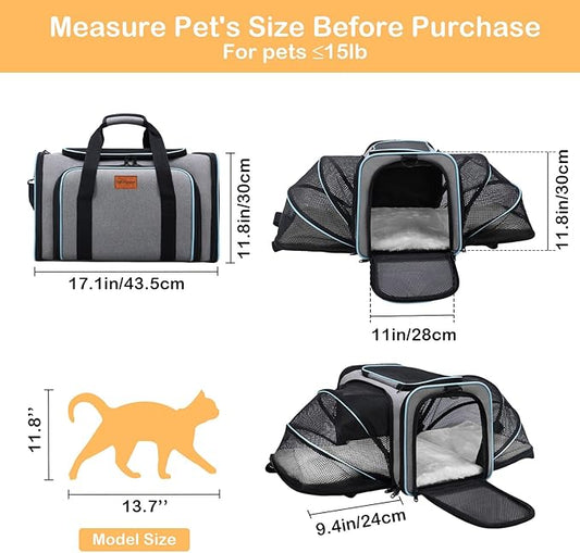 VeluXanipyr Expandable Pet Carrier,Airline Approved Soft-Sided Cat Dog Travel Bag with Hard Shell Base, Blue Trim, Removable Fleece Pad for Small Pets (Gray)