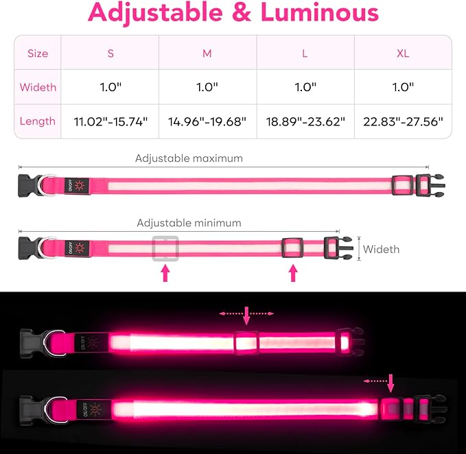 Vizpet LED Dog Collar, Light Up Dog Collar Adjustable USB Rechargeable Super Bright Safety Light Glowing Collars for Dogs (Small, Pink)
