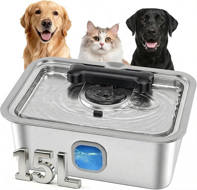 Teynouk 4Gal/15L Dog Water Fountain for Large Dogs, Stainless Steel Automatic Water Bowl Dispenser with Water Level Window, LED Light & Ultra-Quiet Pump for Cats and Multi-Pet Homes