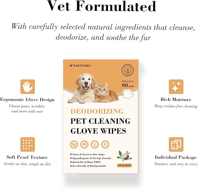 Pet Glove Wipes for Dogs & Cats, Infused with Coconut Oil & Plant Extracts, Deodorizing Bathing Grooming Glove Wipes, Daily & Outdoor Grooming Care, (8 Pcs)