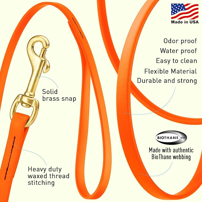 Viper K9 Biothane Working Dog Leash Waterproof Lead for Tracking Training Schutzhund Dog Sport & Search - Odor-Proof Long Line with Solid Brass Snap for Puppy Medium and Large 3/8" x 10ft HunterOrange