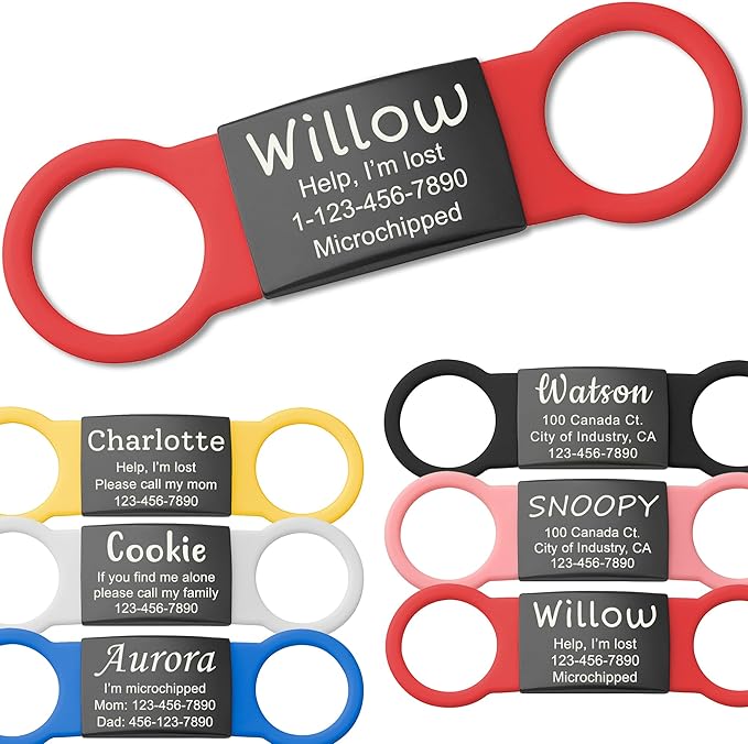 Anavia Slide On Silent Pet ID Tags, S/M/L/XL Personalized Black Stainless Steel Colored Silicone Cat Dog Name Tag, Customized Engraved Nameplate, Quiet Chew-Proof Pet Collar Tag (Red, Large)