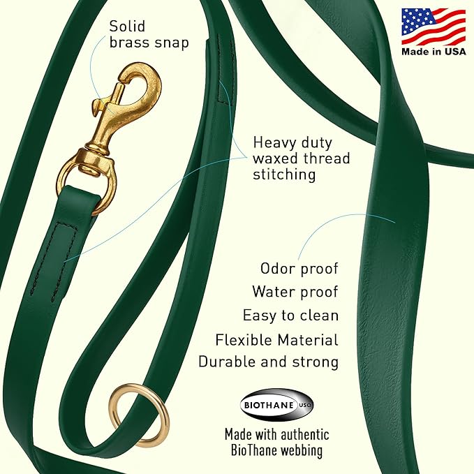 Viper Biothane K9 Working Dog Leash Waterproof Lead for Tracking Training Schutzhund Odor-Proof Long Line with Solid Brass Snap for Puppy Medium and Large Dogs 6ft, Hunter Green