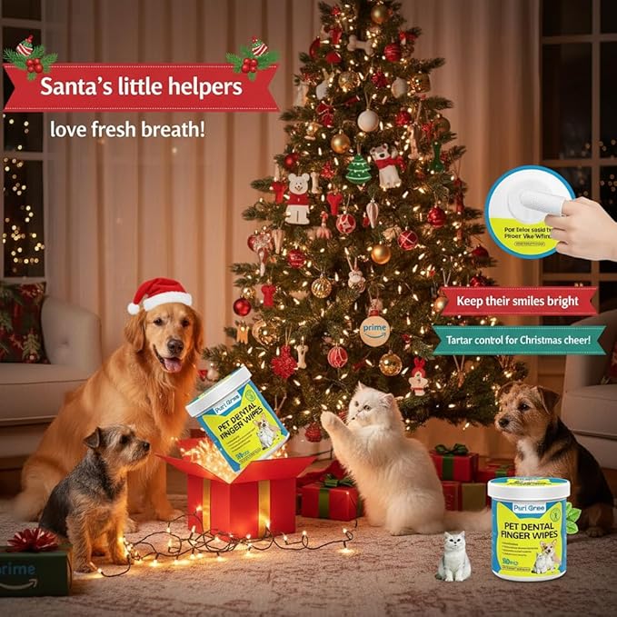 Teeth Cleaning Wipes for Dogs & Cats, Dog Dental Care Finger Wipes, PURIGREE Dog Tooth Brushing Kit, Reduces Plaque,Disposable Dog Wipes-50 Count
