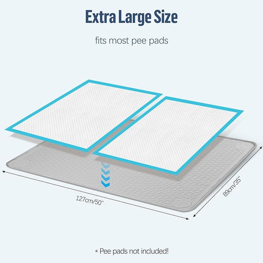 Pee Pad Holder for Dogs, 50" x 35" Silicone Pee Tray Mat Leak-Proof, High Edge, No Spill Pet Pad Holder for Puppy, Cat, Rabbit, Training Pads for Floor Protection, No Pee Pads (Light Grey)