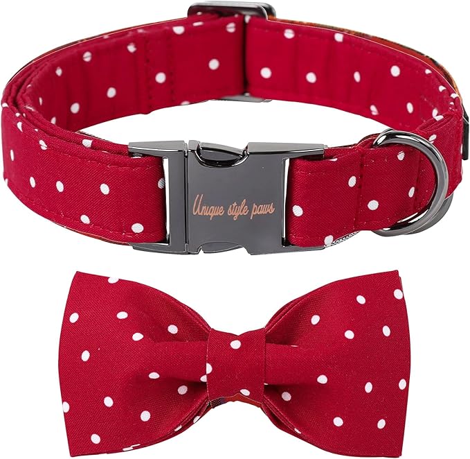 Unique style paws Cotton Dog Collar with Bow Puppy Collar with Red White Round Dot for Small Medium Large Boys Girls Dogs