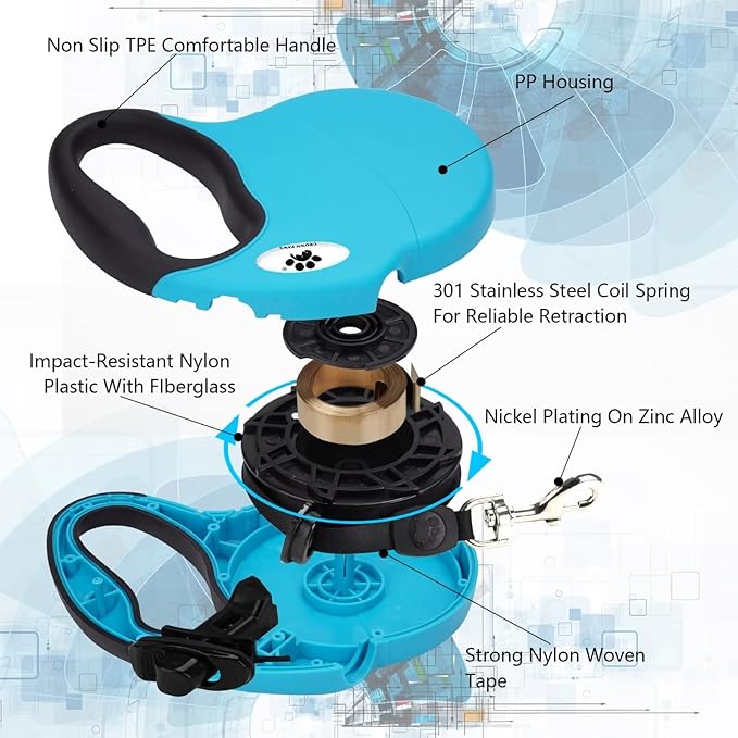 CROWN PAWS 13 ft Retractable Dog Leash for Large Dogs up to 26 lbs,Tangle-Free Nylon Tape,Blue Dan S